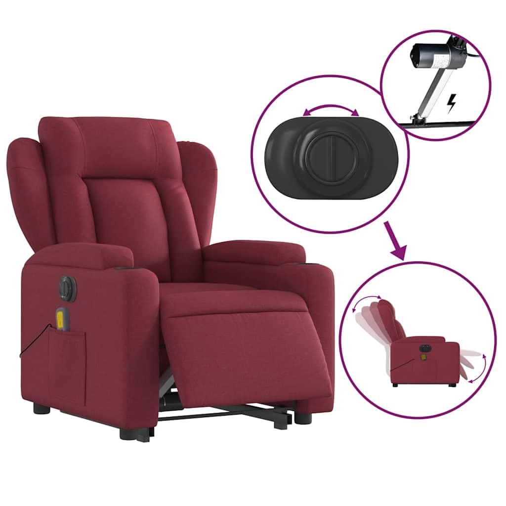 Sillón elevador eléctrico reclinable con función de elevación y 6 puntos de vibración, tejido rojo vino, cómodo con portavasos y bolsillo, estructura