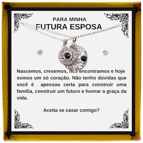 Colar Presente Pedido Casamento Sol e Lua Proje&ccedil;&atilde;o Eu Te Amo 100 Idiomas Futura Esposa Conjunto...