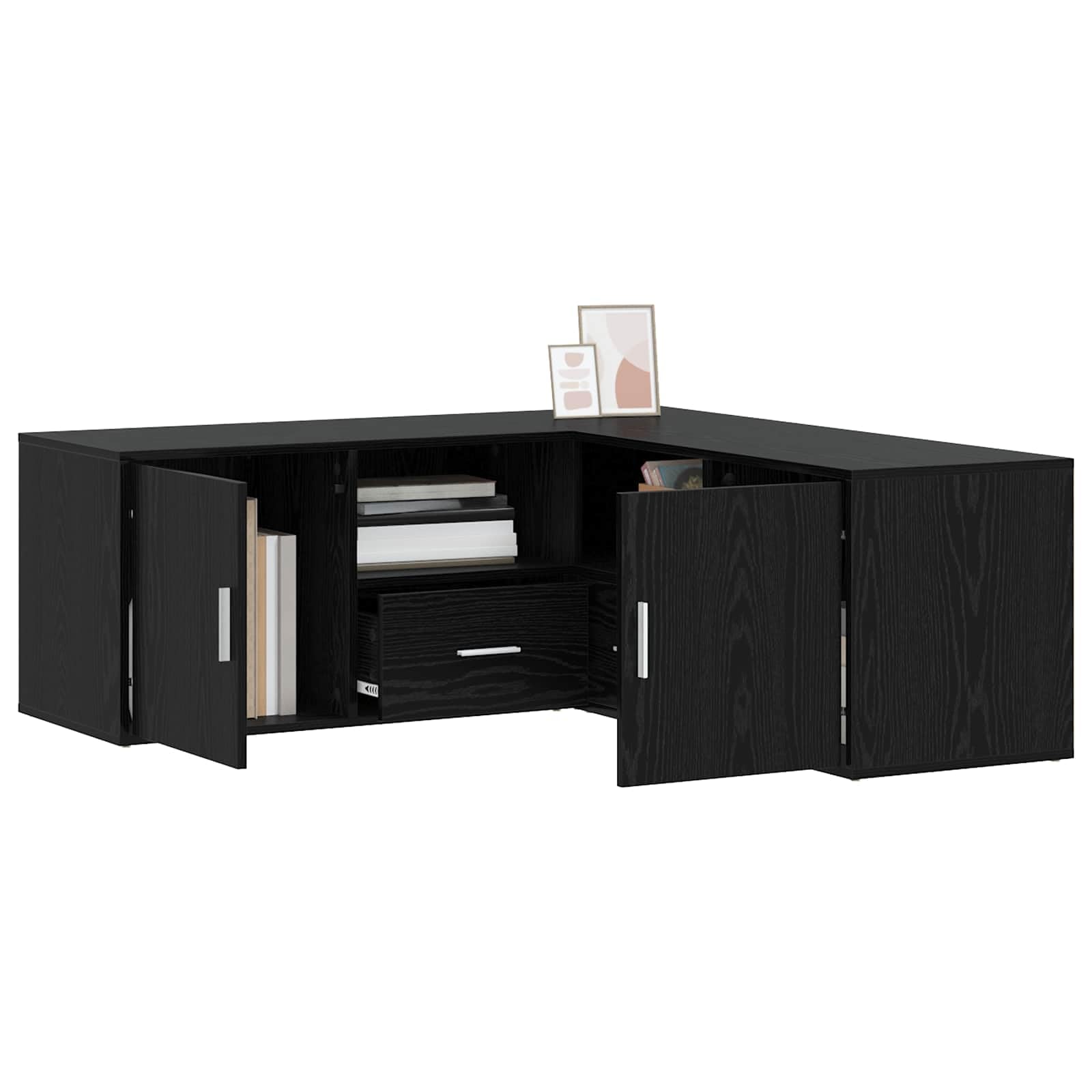 Mangloder - Armario esquinero de roble negro de madera de 200 x 40 x 45 cm con 2 cajones y 4 estantes, puerta reversible para salón, pasillo, oficina, ahorro de espacio