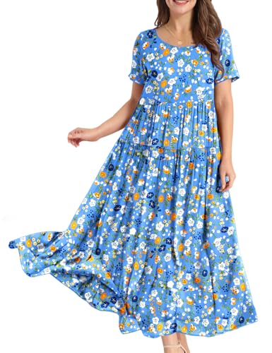 Image of YESNO Women Casual Loose Bohemian Floral Dress with Pockets Short Sleeve Long Maxi Summer Beach Swing Dress EJF