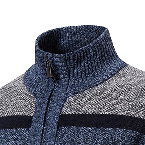 Men's Full Zip Striped Sweater Knit Stand Collar Zipper Long Sleeve Cardigan Tall Big Casual Knitwear Pockets Cardigans (Blue,Medium)3