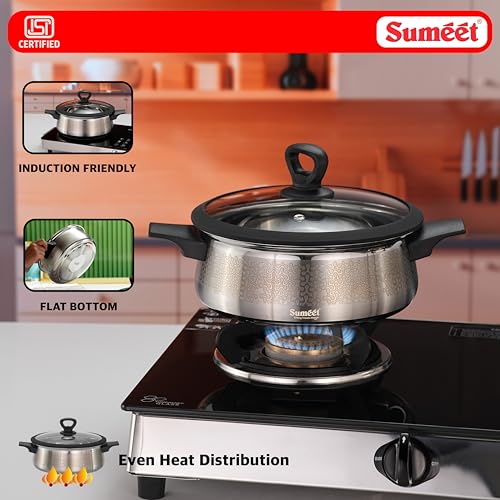Image of Sumeet ISI Certified Stainless Steel Cook & Serve Designer Shallow Biryani Pot /Casserole with Glass Lid |Induction and Gas Compatible | Capacity - 2800ml -Dia - 23cm, Silver