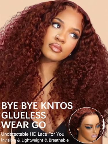 Image of KLAIYI Bye Bye Knots Glueless Wig Reddish Brown Curly Pre Cut 7x5 Lace Front Wigs Human Hair Drawstring Pre Plucked Bleached 30S Ready to Wear and Go Wig Water Wave Beginner Wigs with Baby Hair 14Inch