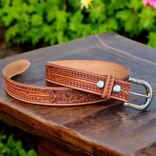DANIEL'S ARTPLANET Western Leather Belt for Men Handmade Full Grain Leather Tooled Cowboy Belt with Buckle 1.5” Wide Embossed2