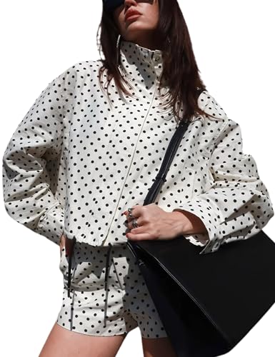 Women's Polka Dot Puffed Jacket Fall High Collar Adjustable Drawstring Hem Coat Outerwear