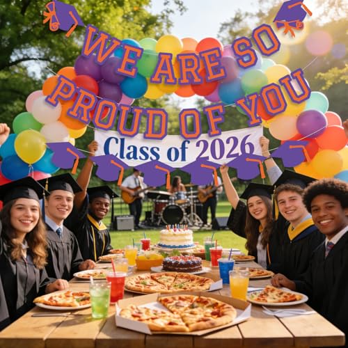 Image of We Are So Proud Of You Banner Graduation Party Decorations Congrats Grad Cap Garlands Wall Sign Purple Orange