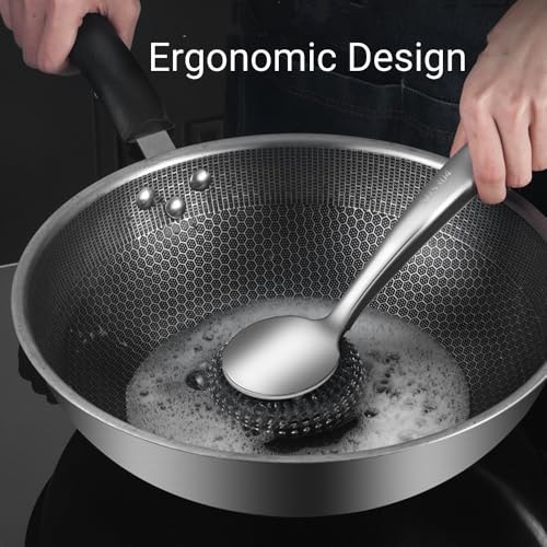 Image of Steel Wool Scrubber Dish Brush with Handle, Deep Cleaning Metal Scrubber Set (Gray)