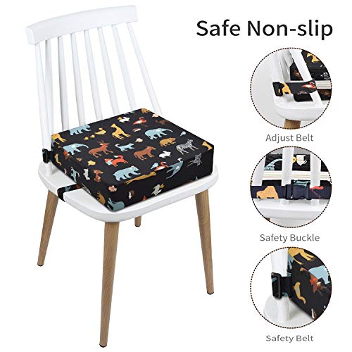 Image of Toddler Booster Seat Dining, Cartoon Canvas Washable 2 Straps Safety Buckle Kids Booster Seat for Dining Table, Portable Travel Increasing Cushion (Elephant-Black)