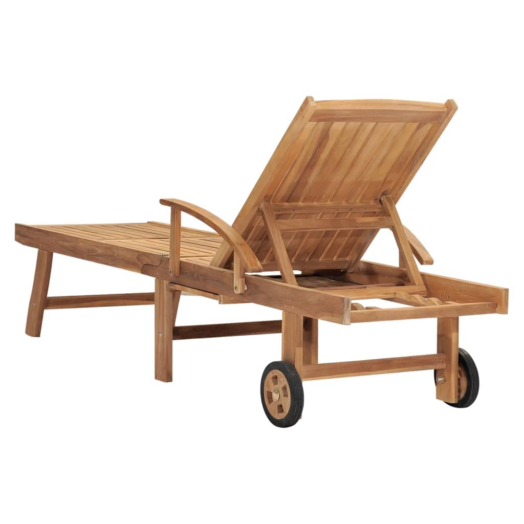 Leżak ogrodowy z litego drewna tekowego, regulowany podłokietnik i rolkę, 195 x 59,5 cm, ergonomiczny leżak relaksacyjny na taras, balkon, basen, odporny na warunki atmosferyczne, wygodny