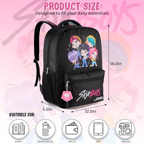 Image of AI ACCESSORY INNOVATIONS K-Pop Demon Hunters Chibi Saja Boys 16 inch Backpack for Girls, Featuring Jinu, Abby, Mystery, Romance, & Baby, Saja Rubber Molded Bag Charm, Saja Boys