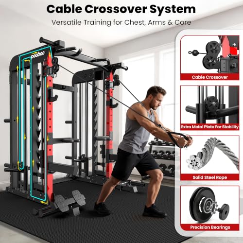 Image of pooboo Power Cage Smith Machine with 2000LB Squat Rack Cable System | LAT Pulldown and Dual Pulley Cable Crossover with All-in-One Home Gym Machine, Adjustable Stations and Training Attachments