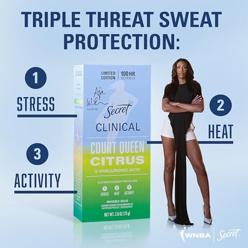 Image of Secret Clinical Strength 100HR Defense, Invisible Solid Antiperspirant Deodorant for Women, A'Ja Wilson Edition, Triple Threat Sweat Protection, Hyaluronic Acid, Court Queen Citrus Scent, 2.6 oz