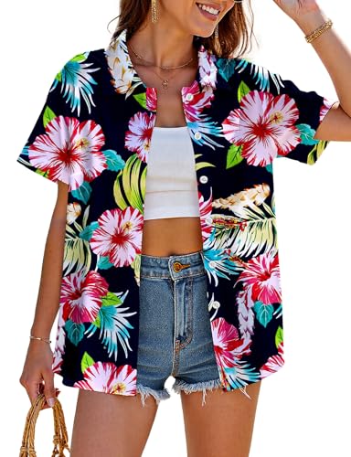 Women Hawaiian Shirt Quick Dry Breathable Soft Cool Summer Hawaii Shirts Floral Tropic Print V Neck Travel T-Shirt