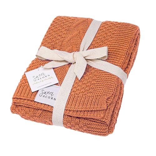 Image of Sweet Acorn Knit Baby Blanket in Cable Pattern, Organic Cotton Blankets for Crib or Stroller, Receiving Blankets - Sunset Orange