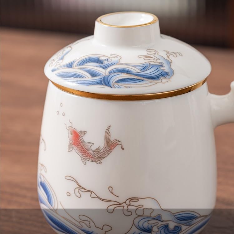 Tasse à thé Tasse en céramique avec couvercle et filtre de séparation du thé, tasse à thé en jade d'agneau for usage domestique Récipient de trempage
