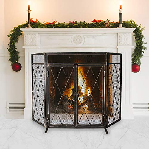 WBHome 3 Panel Wrought Iron Fireplace Screen with Doors Large Flat Guard Metal Decorative Mesh Cover Baby Safe Proof Firewood Burning Stove Accessories (50" L x 32" H x 9.5" W)