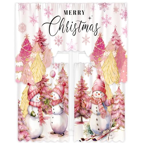 FuWeave Christmas Kitchen Curtains 3 Piece Set Pink Snowman Window