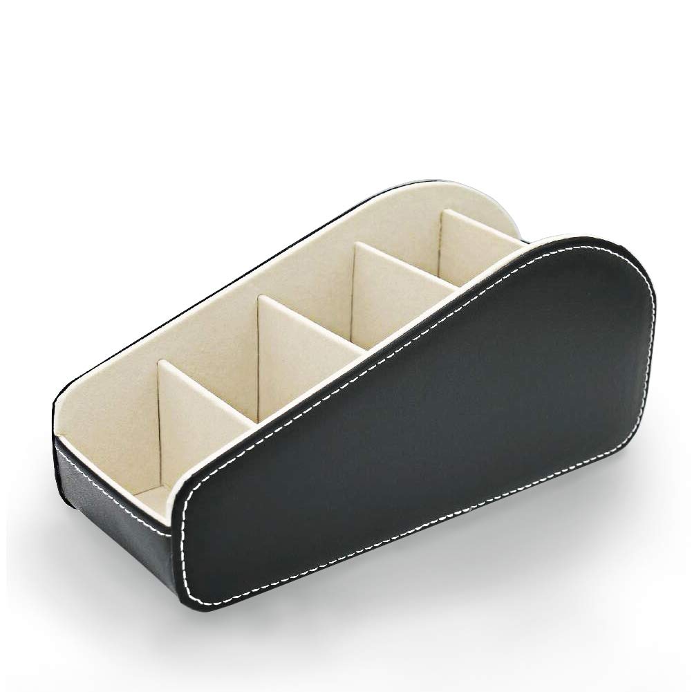 Fosinz TV Media Storage Organizer Remote Control Holder Stable PU Leather Control Caddy with 5 Spacious Compartments (Black, 1)