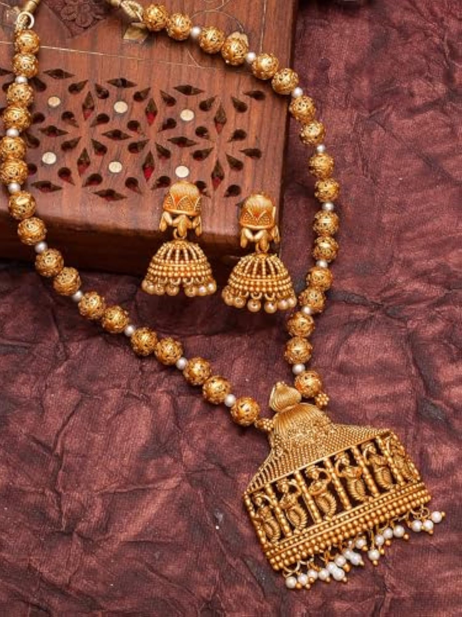 Women's Gold Plated White Beaded Temple Jewellery Necklace Set