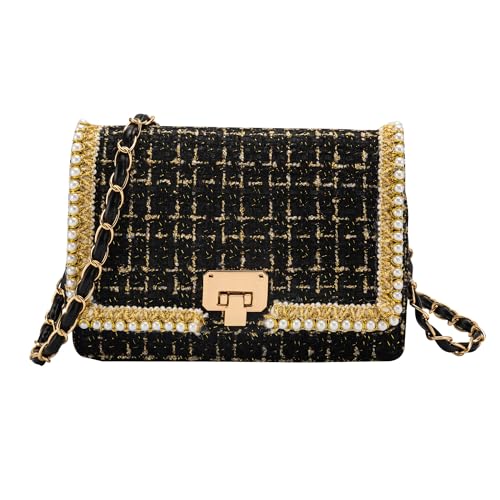 FGJKKK Shoulder Bag Chain Purse for Women, Retro Tweed Pearl Clutch Crossbody Bag Underarm Evening Bag Square Handbag Satchel (black-1)