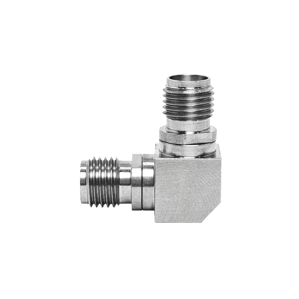 Adaptateur Haute Tension SMA Femelle à Angle Droit vers SMA Femelle en Acier Inoxydable – 50 Ohm, DC-18 GHz, Isolant PTFE, 1 pièce