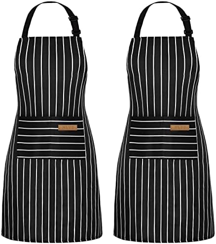 NLUS 2 Pack Cooking Aprons for Women with Pockets Adjustable Kitchen Bib Aprons for Women Men Chef, Black/White Stripe (Classic Black/White Stripes)