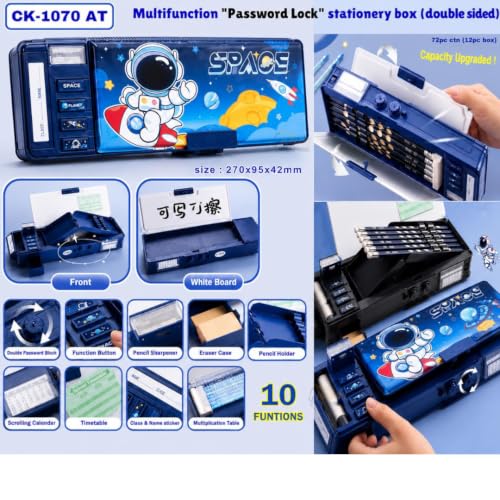 Image of Space Theme Multifunction Pencil Box for Kids | Large Capacity Compass Box with Sharpener, Timetable Card, Pen & Pencil Holder | School Stationery Organizer Case (Blue)