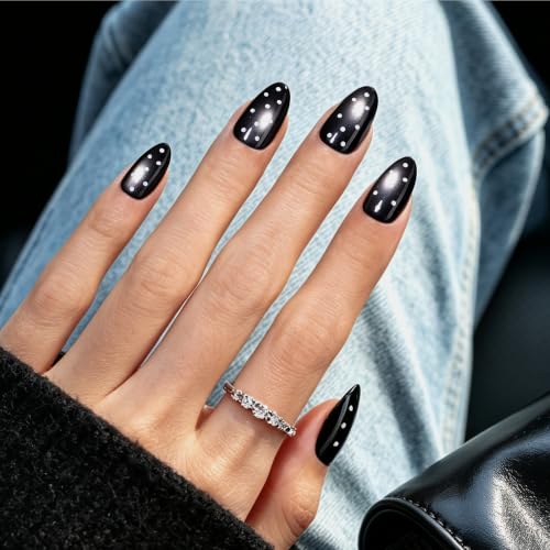 Image of Beetles Black Cat Eye Press On Nails Short Almond, 32 PCS, White Polka Dots | Halloween 16 Sizes Salon-Look Cat Eye Nails, Glue and Adhesive Tabs Included, Ready in 10 Minutes, All-in-One Complete Kit