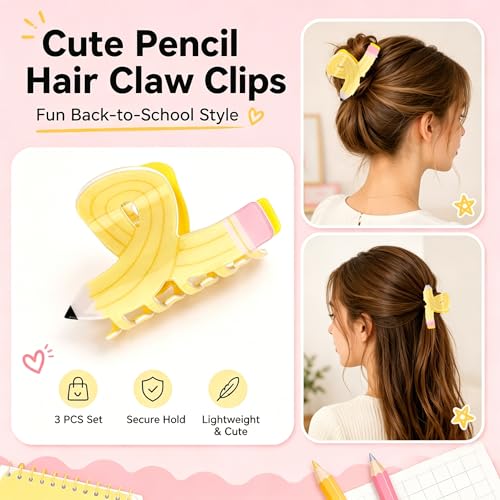 3 Pzas Pinzas para Cabello en Forma de Lápiz Amarillo para Maestras, Accesorios de Pelo miniatura 3