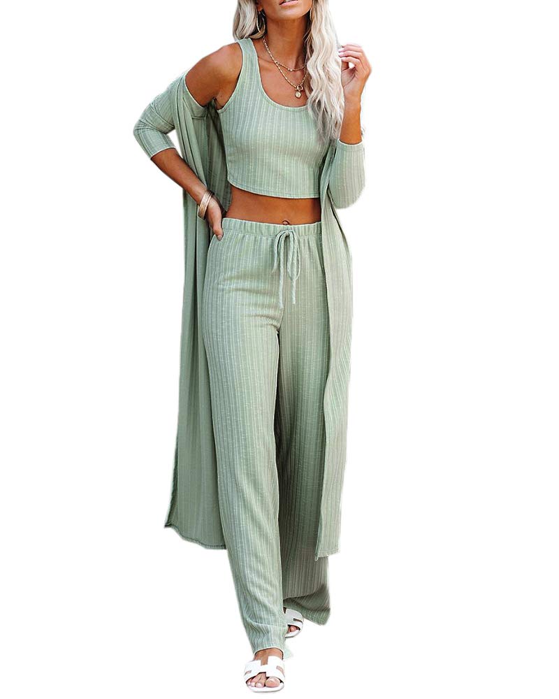 Fessceruna Womens 3 Piece Lounge Sets Pajamas Knit Long Sleeve Cardigan Crop Top Wide Leg Pants Loungewear Set