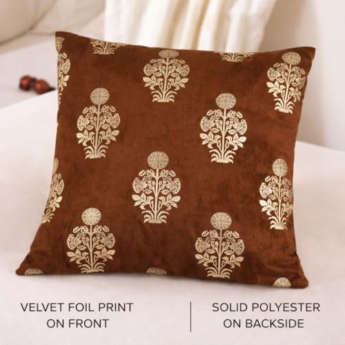 Image of DEVSANG Foil Velvet Cushion Covers 20 inch x 20 inch Set of 5 pc, Brown