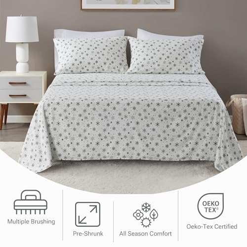Image of Sleep Philosophy True North Flannel Sheets Queen Size, Cozy 100% Cotton Flannel Bed Sheets, Ultra Soft Cute Sheet Set, Novelty Print Themed Cold Weather Warm Bedding Set, Black Snowflakes, 4 Piece