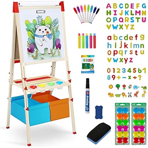 Easel for Kids Art Easel for Kids Ages 4-8,Kids Easels Wooden Kid Easel with Paper Roll, Adjustable Magnetic Double Sided Easel for Toddlers 2-4 Years - All in one Kids Art Easel Cover