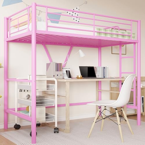 VECELO Twin Size Loft Bed with Stairs, Removable Ladder & High Guardrail, Heavy-Duty Metal Frame, Space-Saving Design & Noise-Free, Pink