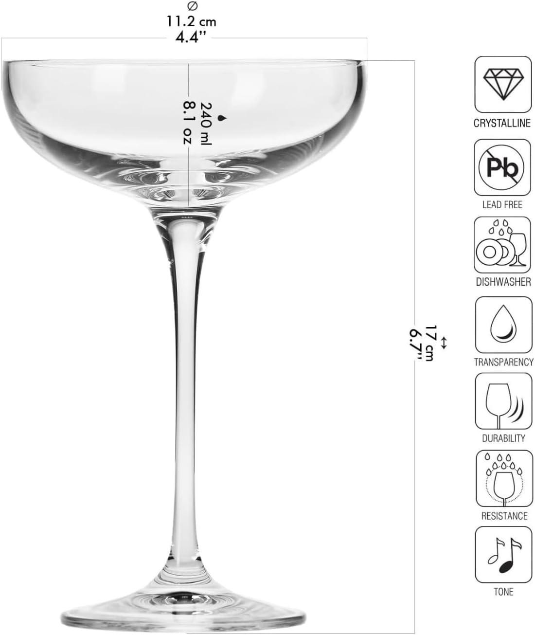Krosno Champagne Coupes & Glasses | Set of 6 | 8.1 oz | Harmony Collection | Perfect for Home, Restaurants and Parties | Prosecco Glass | Dishwasher Safe | Lead-Free Crystal Glass