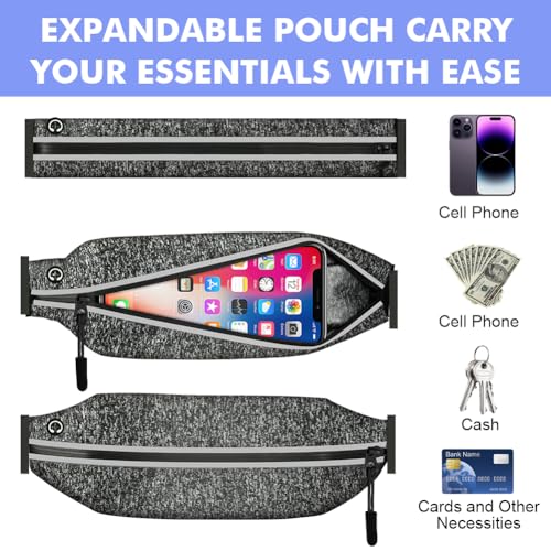 Vicloon Laufgürtel für Handy, Schwarze Leichte Lauftasche,Triathlon Startnummernband Laufgurt, Laufgürtel mit Kopfhöreranschluss und Nummernhalter&6 Gel-Halter für Joggen Marathon,Grau