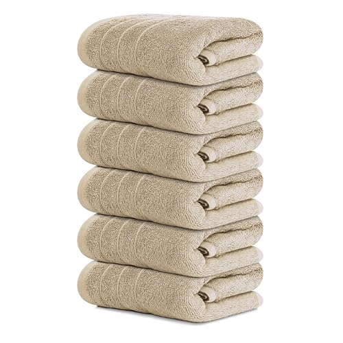 Image of Tens Towels Pack of 6 Hand Towels, 100% Cotton, Lighter Weight, Quick to Dry, 16 x 28 Inches, Super Soft & Absorbent, Perfect for Bathroom & Kitchen (Beige)