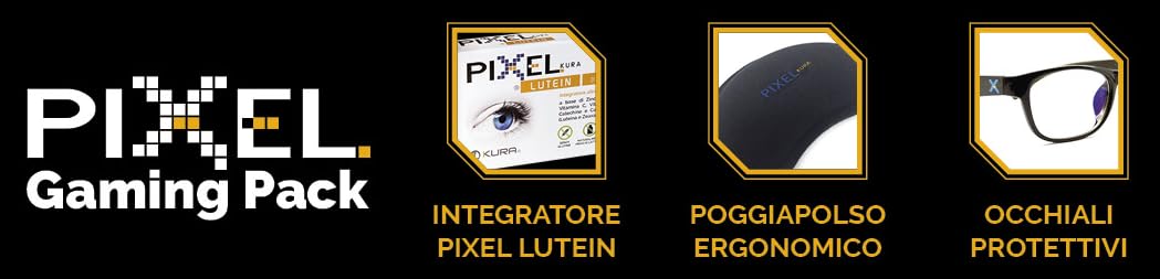 Pixel Gaming Pack, Soluzione per Il Gamer: Minor Stanchezza e Affaticamento, Protezione Occhi Grazie a Occhiali con Filtro Luce Blu e Raggi UV, Poggiapolso Ergonomico, Integratore Occhi. novità!!