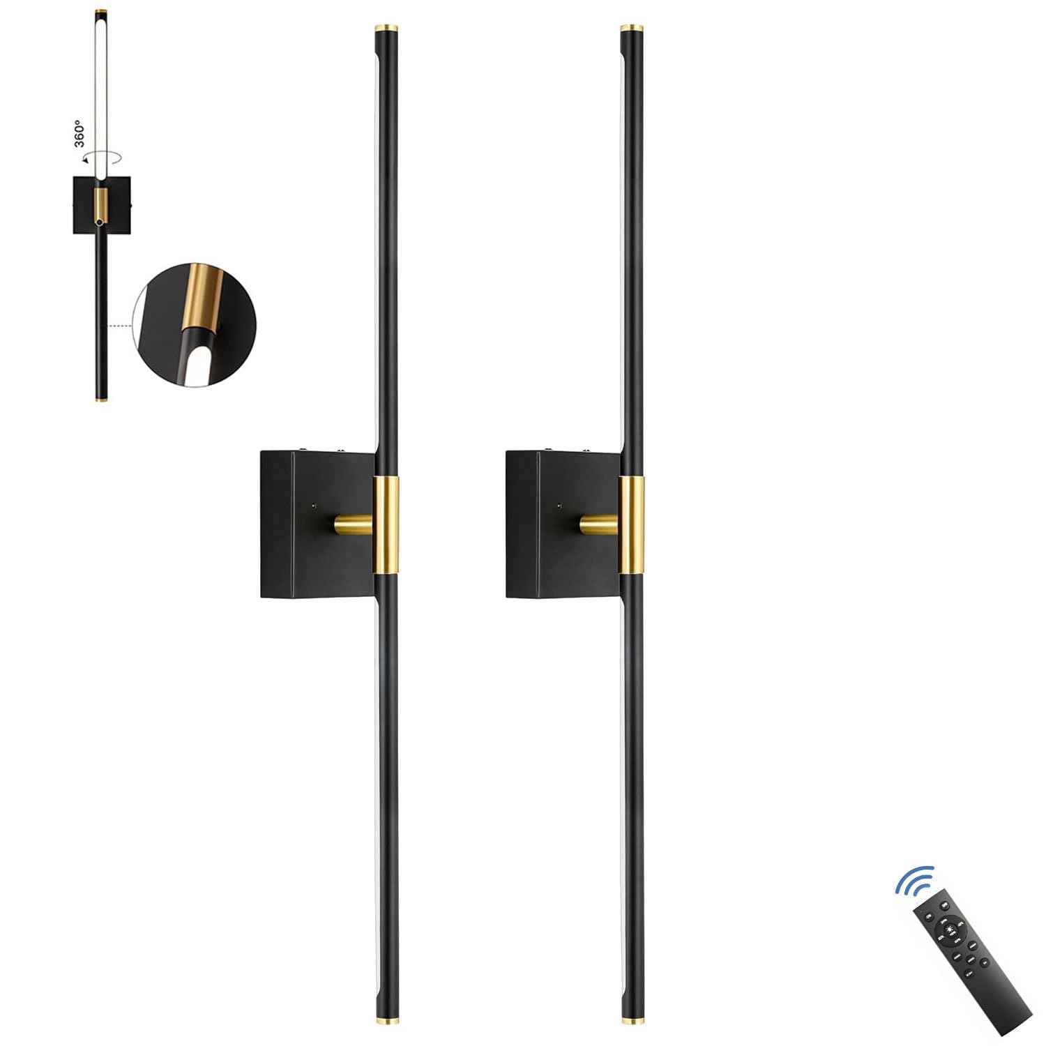 Pentwan Boys Black, Gold Battery Operated Wall Sconces, Dimmable Wall Sconce Set Of Two, Black Gold Rechargeable Sconces,360°Rotate, With Remote Control, Led Wireless Wall Lights For Hallway, Bedroom,28.3Inch(2 Pack)