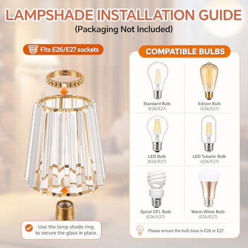 Image of Teenyyou 2 Pcs Gold Crystal Lamp Shade Elegant Ceiling Light Cover E26 /E27 Base 1.65 inch Top x 5.5 inch Dia. x 5.9 inch H Chandelier Lampshade Replacement for Bathroom Bedroom Living Room Hallway Wall Sconce