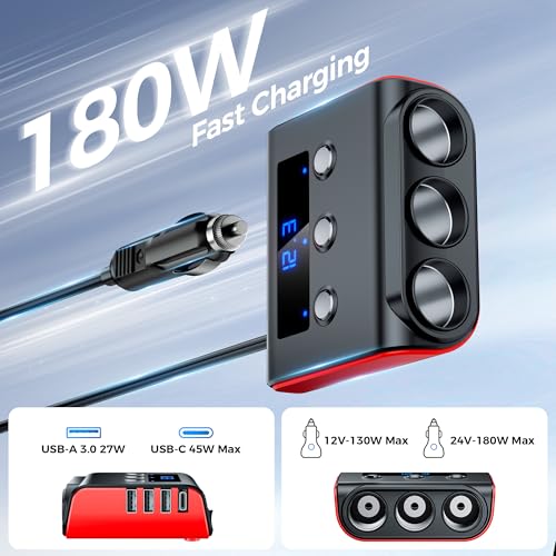 Image of 7 in 1 Cigarette Lighter Splitter, SONRU 3 Sockets Cigarette Lighter Splitter with PD Ports 3 Fast Charging USB Ports, 120W 12V /24V DC Independent Power Switches & LED Voltage Display