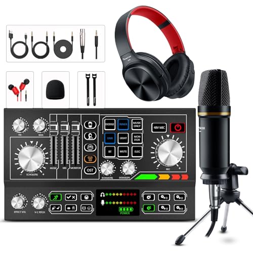 Podcast Equipment Bundle Aluminum Alloy Panel with Studio Condenser Microphone Sound DJ Mixer...