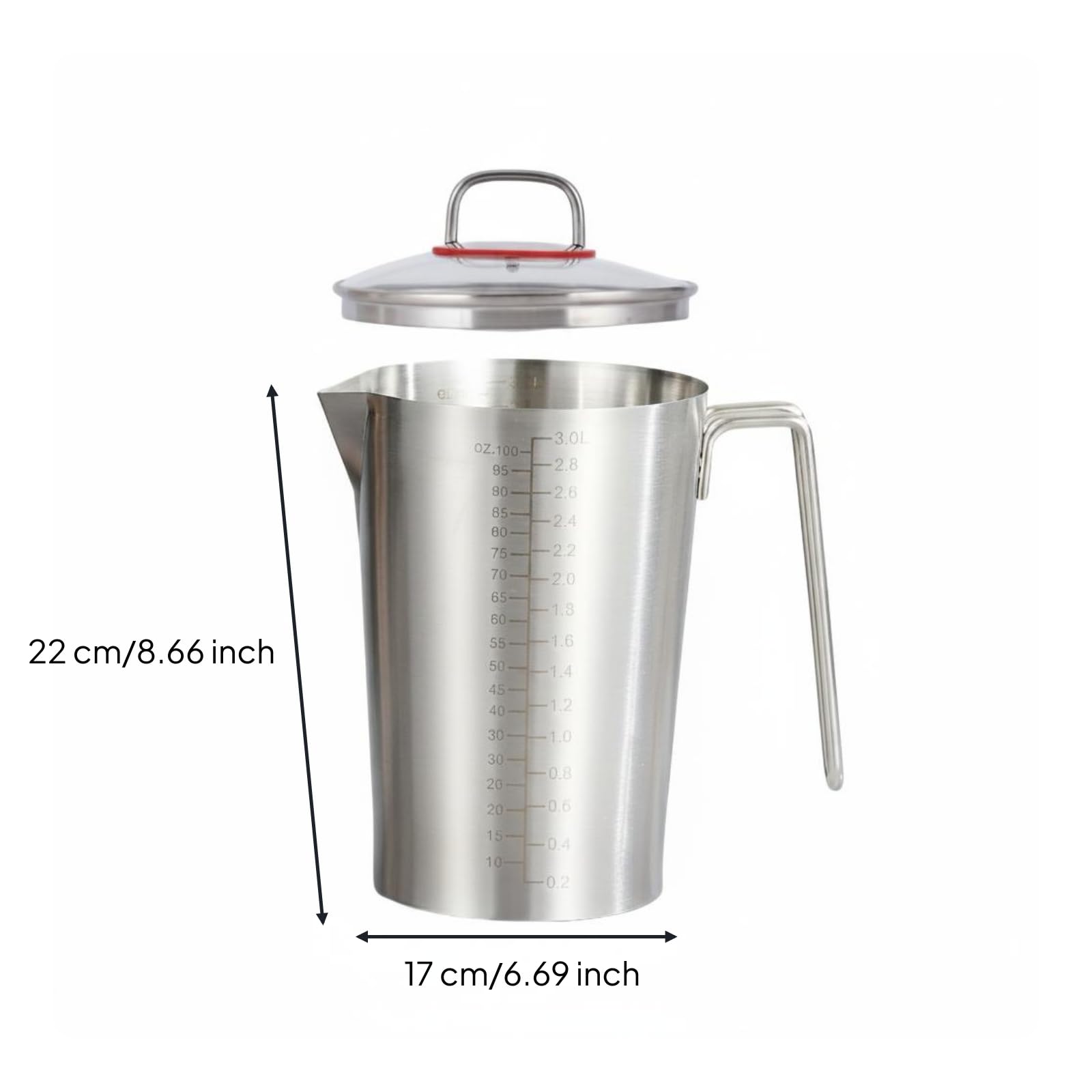 Amagogo Messbecher Edelstahl Messzylinder Metall, 3 Liter Messbecher Aus Extra Dickem 304 Edelstahl Mit Glasdeckel, Innen- Und Außenmarkierungen