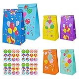 Flintronic 18 Stück Geschenktüten, Bunte Geschenktüten Papier mit 48 Aufkleber zum Kindergeburtstag Gastgeschenke, Candybar Tüten für Mitgebsel kindergeburtstag Mädchen