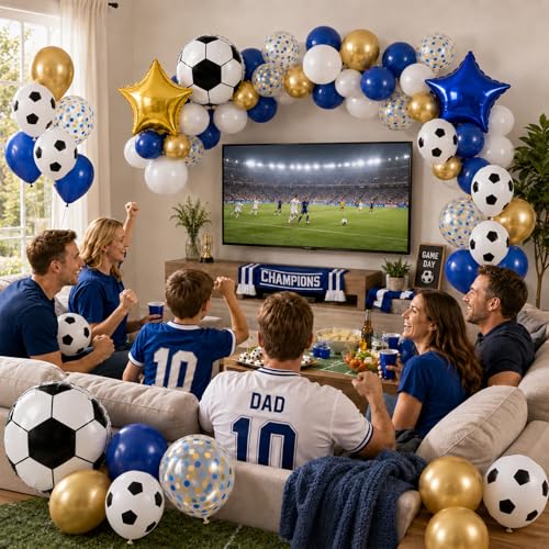 Image of Soccer Balloons, Royal Blue Gold Balloon Sport Theme Birthday Party Balloon