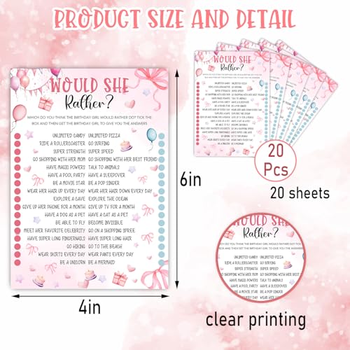 Image of Pink Slumber Party Games Card - Coquette Pink Bow Themed Sleepover Slumber Party Supplies- Sleepover Stuff- Birthday Night Games Creative Idea -Would She Rather- 20 Game Cards