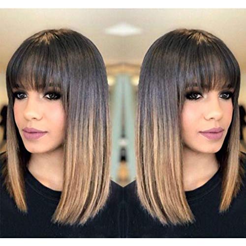 Ombre Blonde Brown Wigs for Woman 14 Inch Straight Black Wig Natural Looking Heat Resistant Fiber Daily Party Wigs