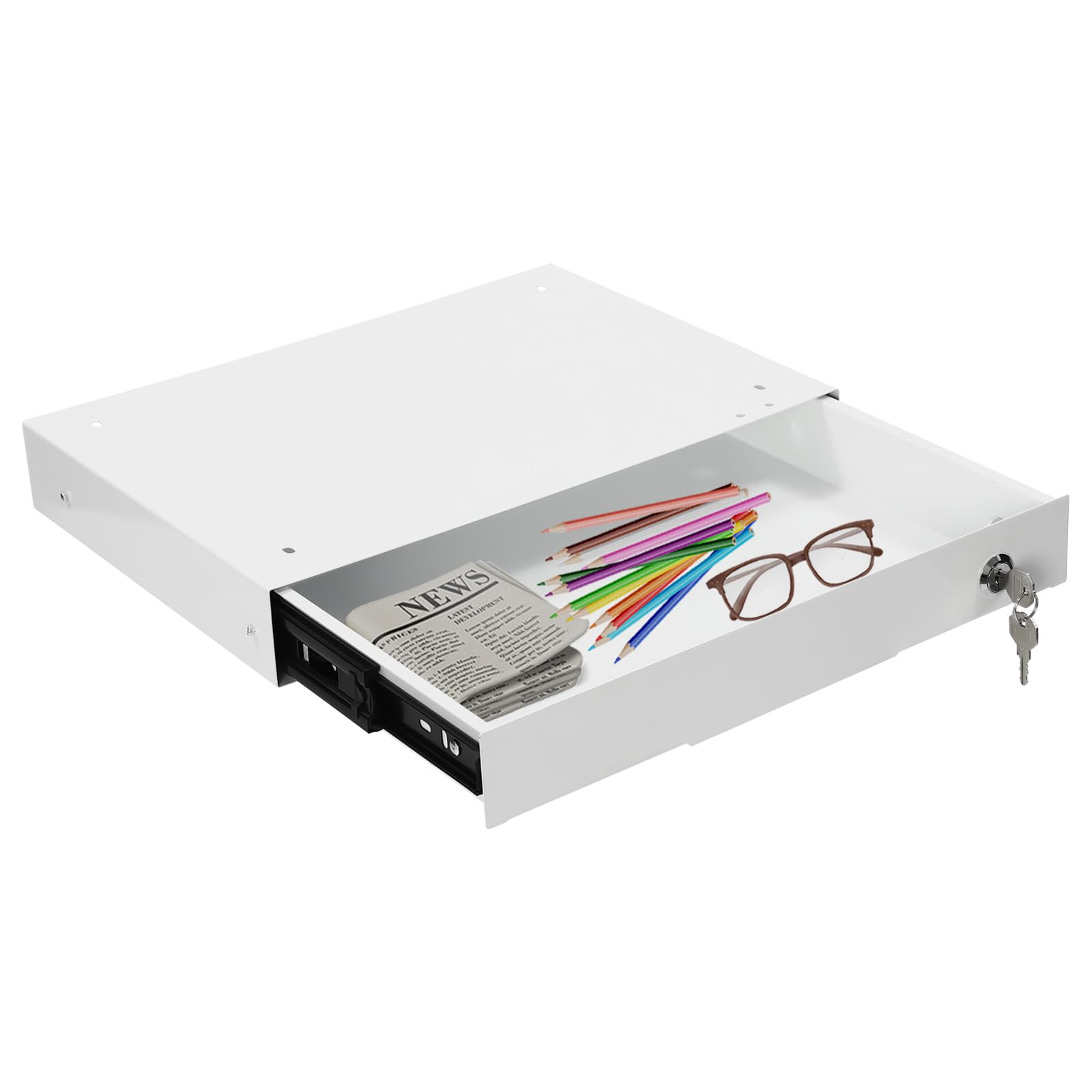 Organizador de Literatura de 14 Pulgadas con cajón extraíble y Cerradura, para Colocar Debajo del Escritorio, para escritorios de pie (Blanco)