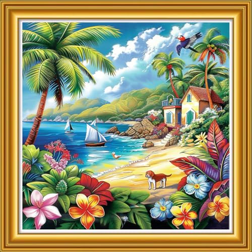 Image of Dooxvey Counted Cross Stitch Kits for Adults 11CT Printed Cross-Stitch Patterns Cross Stitching Embroidery Kit Stamped or Counted Needlepoint Kits-Seaside Scenery 18x18 inch