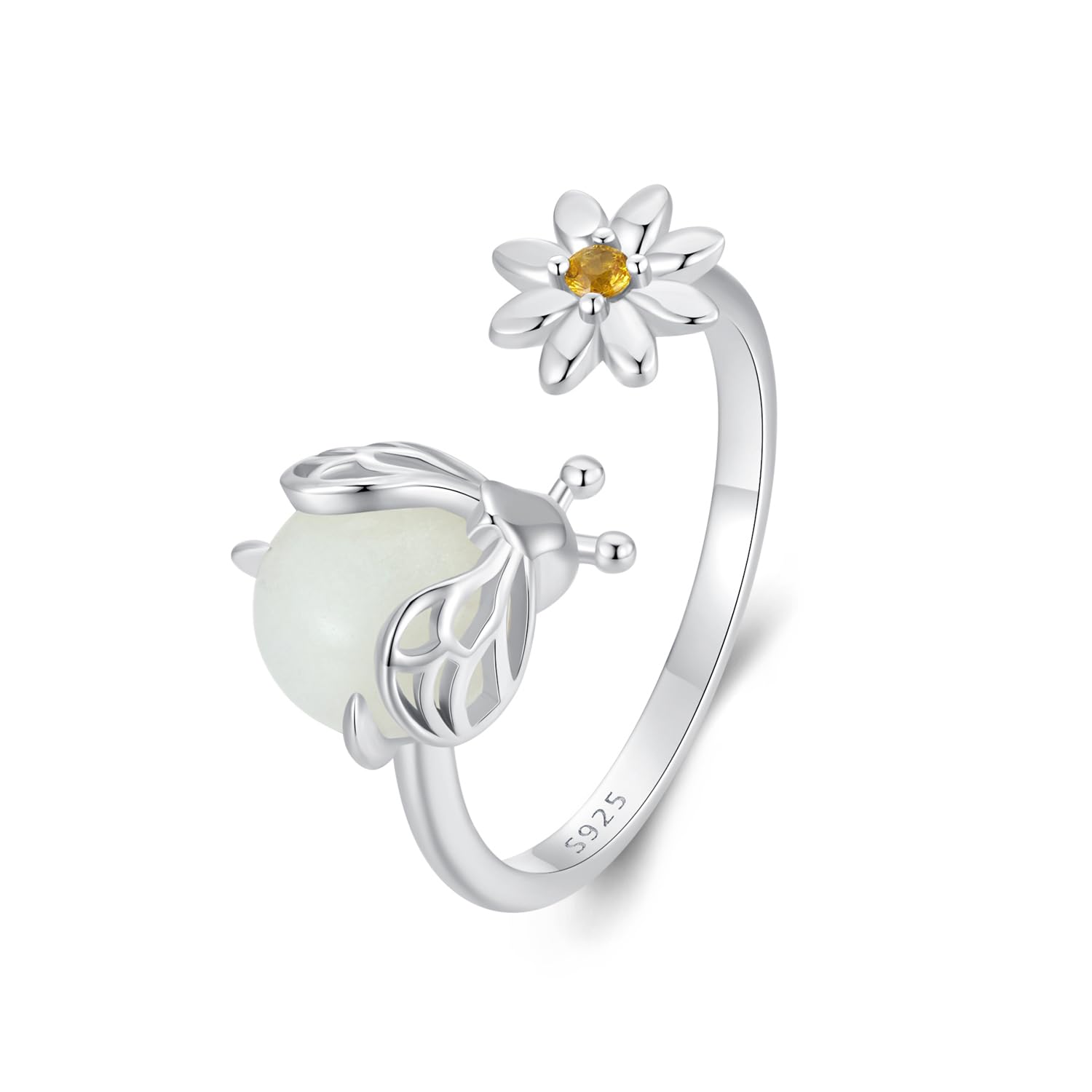 Feng Shui， 925 Sterling Silber Blumenring Weißer Opal Mondstein Ringe Verstellbarer offener Ring für Frauen mit Schmuck